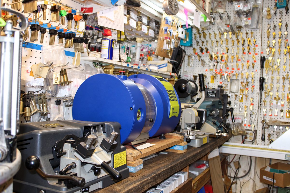 Key cutting machines on the workbench at S&V Hardware