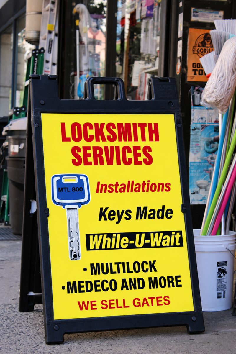 Yellow Locksmith Services sidewalk sign outside the shop on 1st Avenue