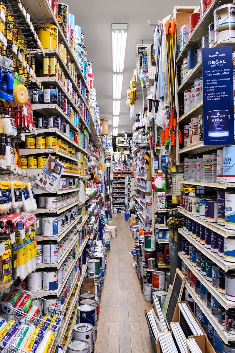 Paint and supplies aisle inside S&V Hardware
